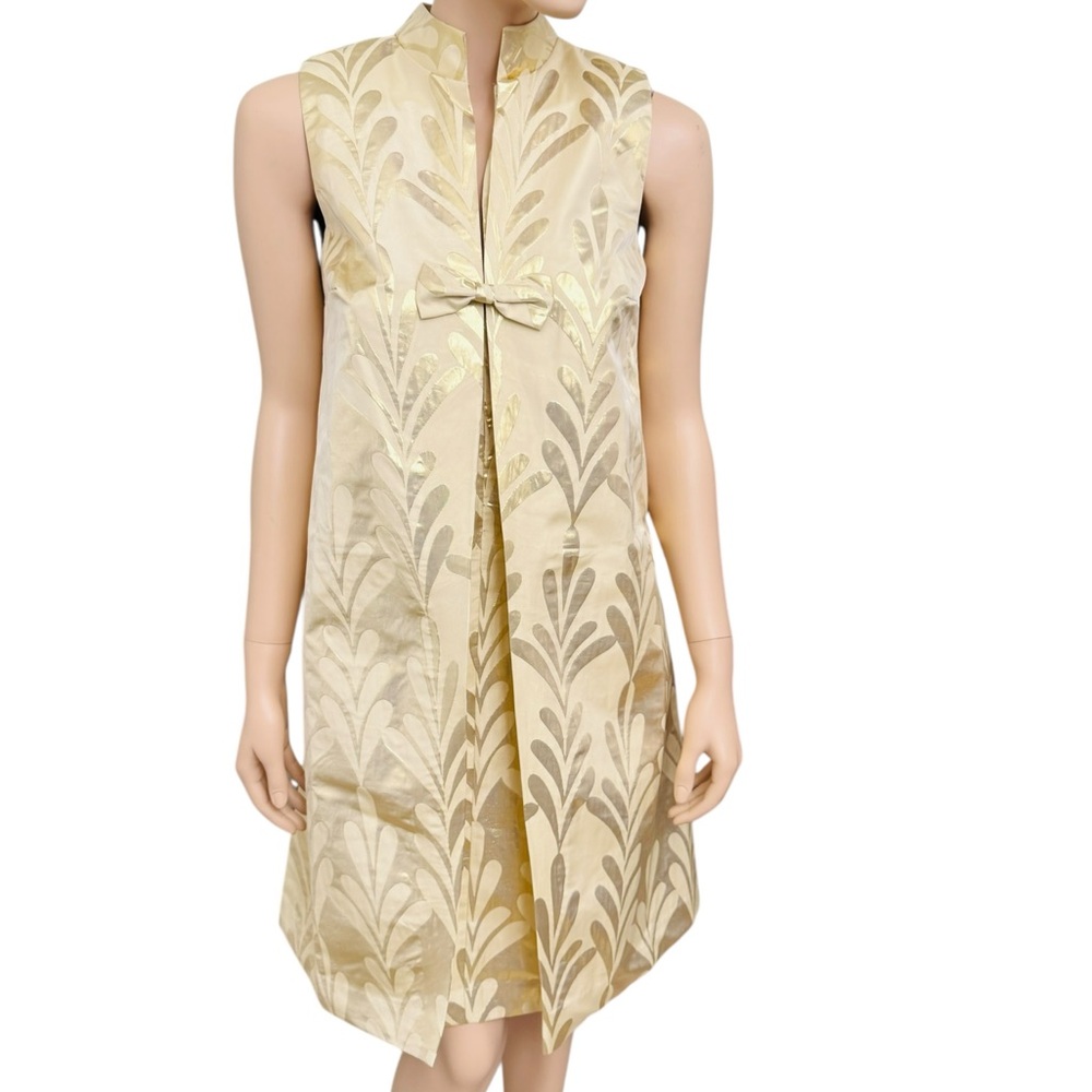 Frances Valentine Gold Metalic Shift Dress XS  Sleeveless Bow Front Jacquard - Picture 2 of 12